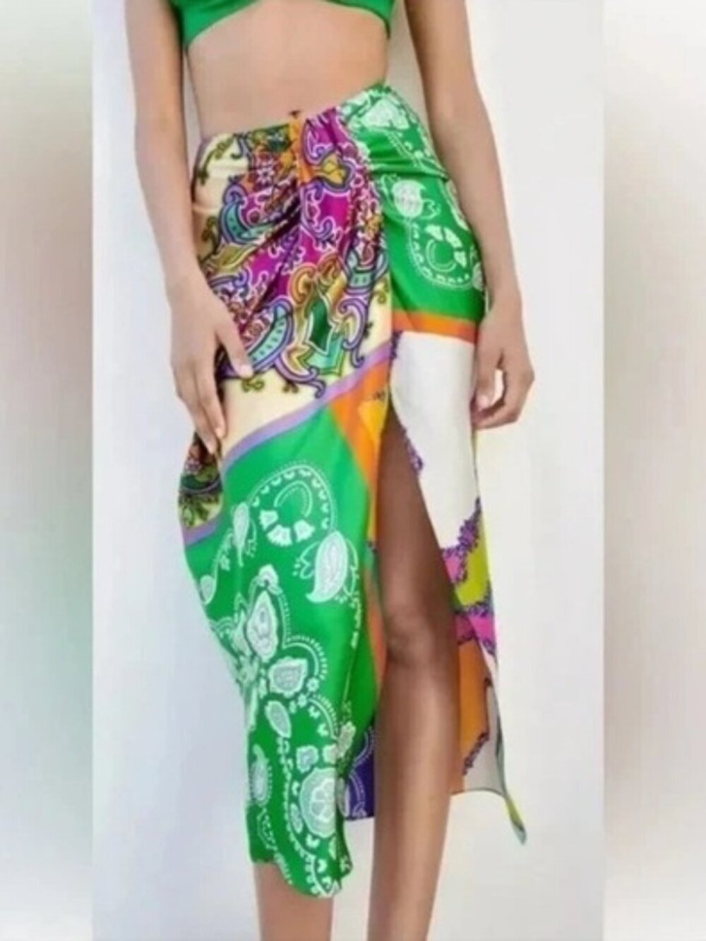 Bailey 44 Bold Mixed Patchwork Satin Midi Skirt XS Summer Resortwear - Picture 2 of 9